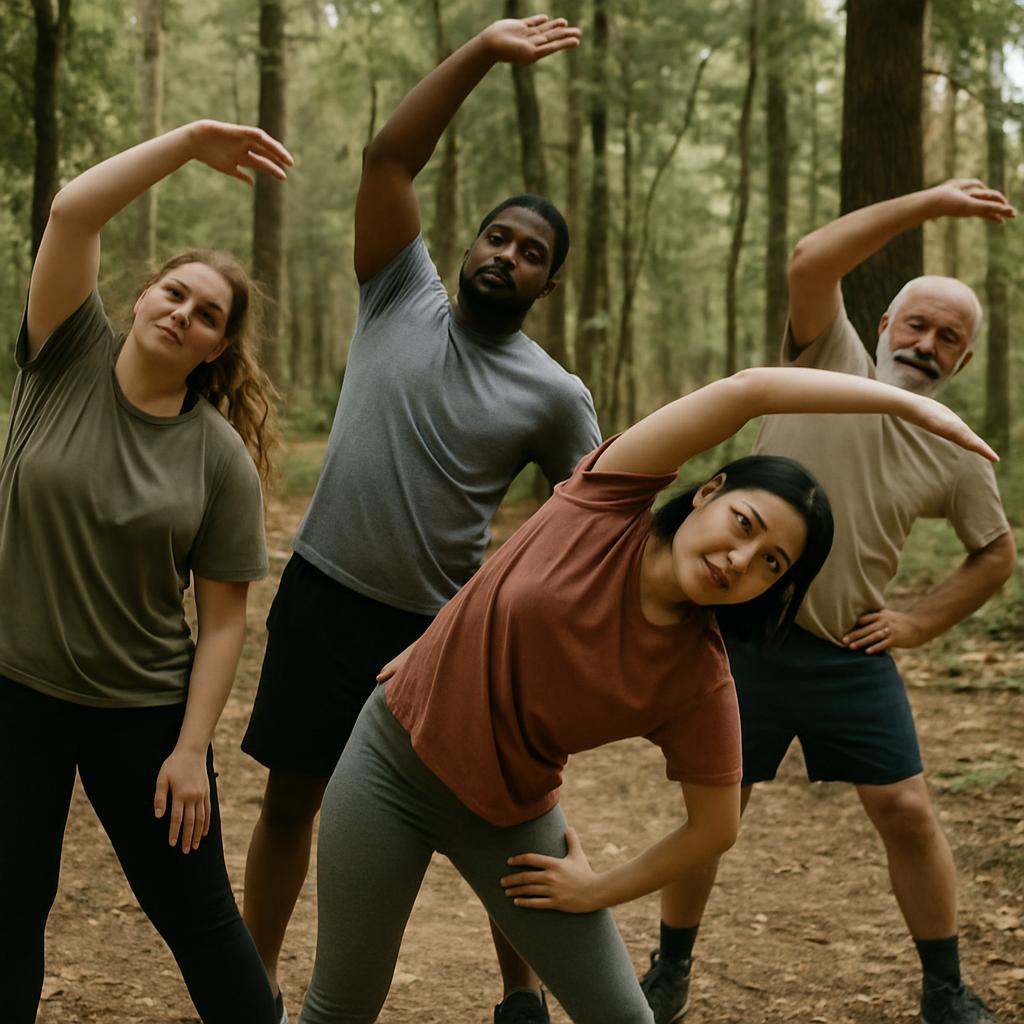 people stretching in a forest