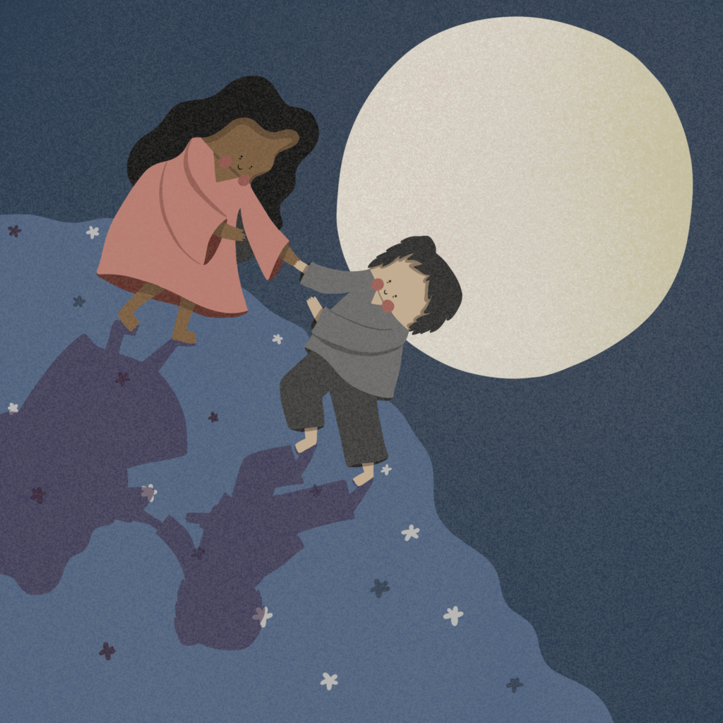 One human is helping another up a hill with the moon in the background. Illustration by Rama Aldakkak