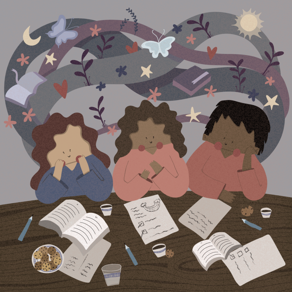 Illustration of three people imagining another future. Illustration by Rama Aldakkak