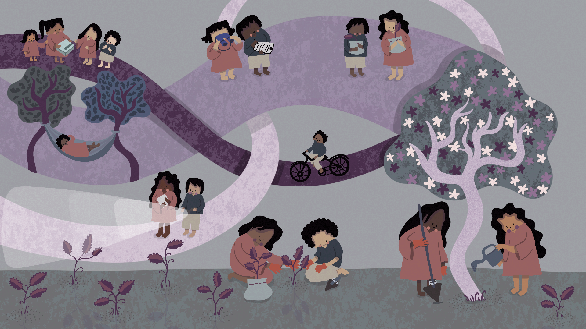 Illustration of people exploring and planting the seeds and nurturing the world we want to create.