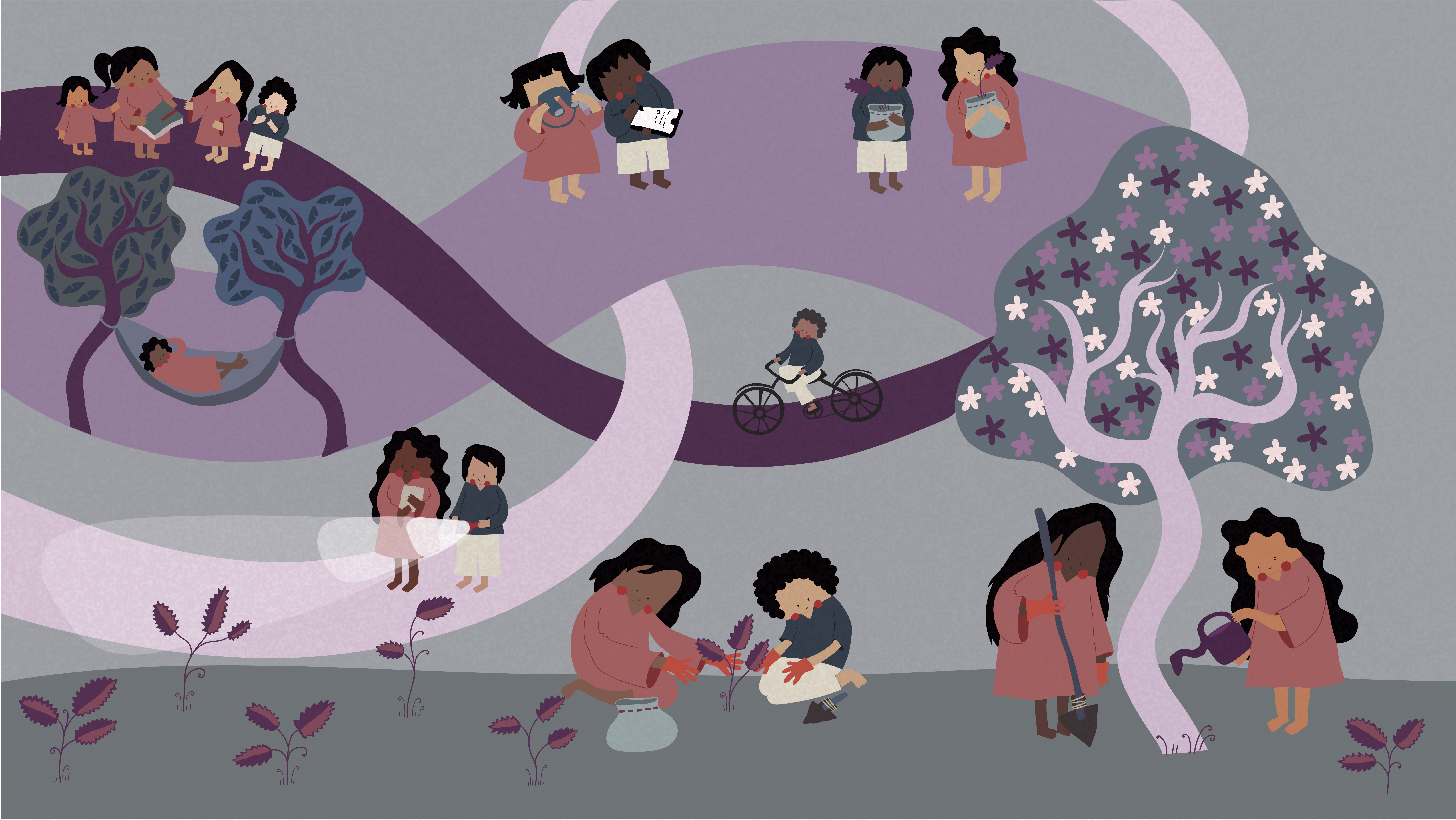 Illustration of people exploring and planting the seeds and nurturing the world we want to create.